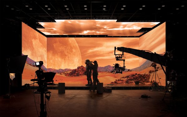 filming with a virtual studio, consisting of multiple led walls showing another planet
